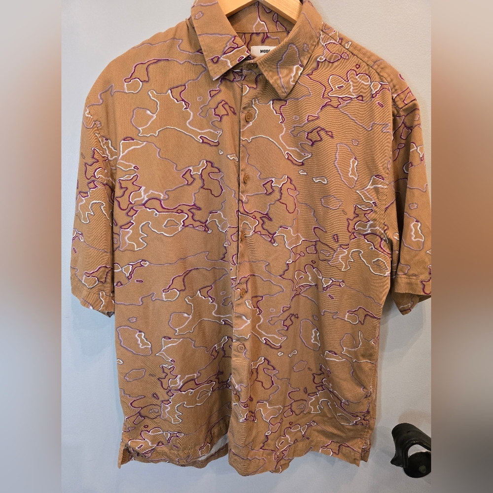 Men's Casual Button Down Shirt - Tan with Purple Accents